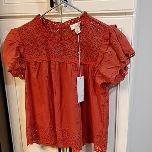 New! Calypso St. Barth Eyelet Ruffle Blouse Size Large